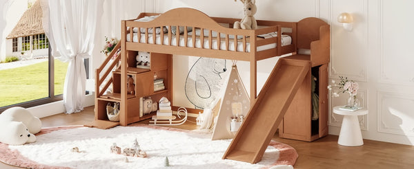 English Elm Twin Loft Bed Pine Frame with Storage Stairs Slide Wardrobe and Slatted Guardrail Walnut W5305S00158