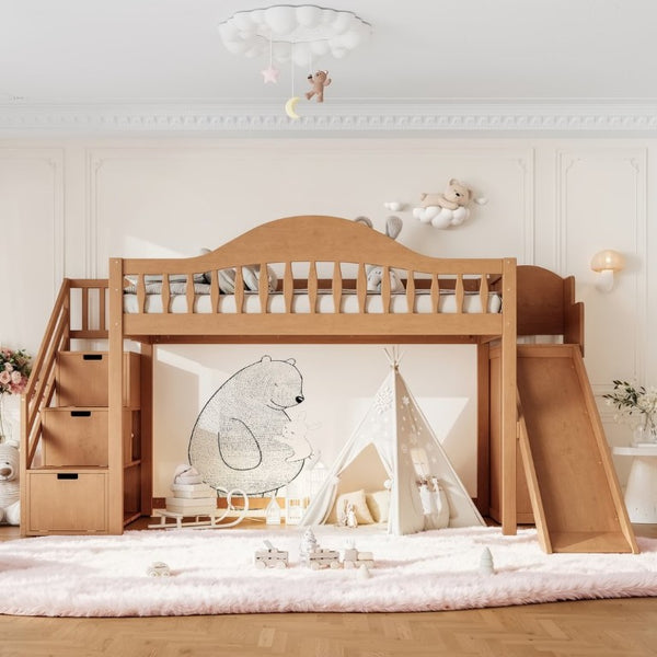 English Elm Twin Loft Bed Pine Frame with Storage Stairs Slide Wardrobe and Slatted Guardrail Walnut W5305S00158