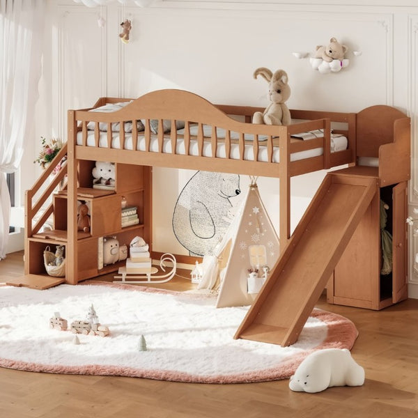 English Elm Twin Loft Bed Pine Frame with Storage Stairs Slide Wardrobe and Slatted Guardrail Walnut W5305S00158