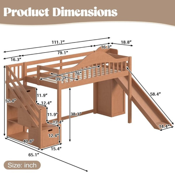 English Elm Twin Loft Bed Pine Frame with Storage Stairs Slide Wardrobe and Slatted Guardrail Walnut W5305S00158