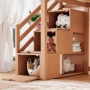 English Elm Twin Loft Bed Pine Frame with Storage Stairs Slide Wardrobe and Slatted Guardrail Walnut W5305S00158