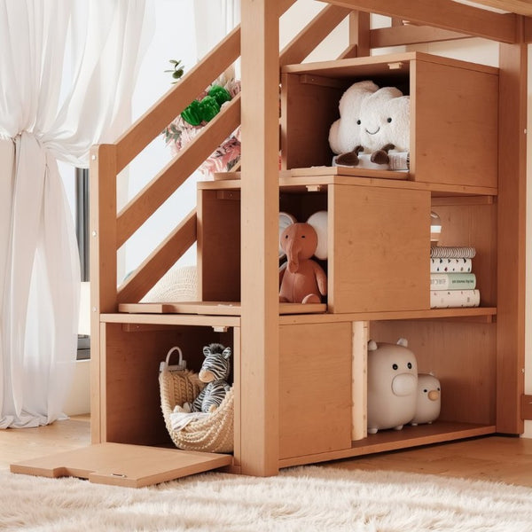 English Elm Twin Loft Bed Pine Frame with Storage Stairs Slide Wardrobe and Slatted Guardrail Walnut W5305S00158