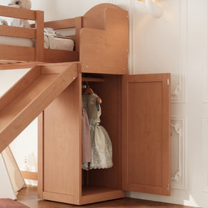English Elm Twin Loft Bed Pine Frame with Storage Stairs Slide Wardrobe and Slatted Guardrail Walnut W5305S00158