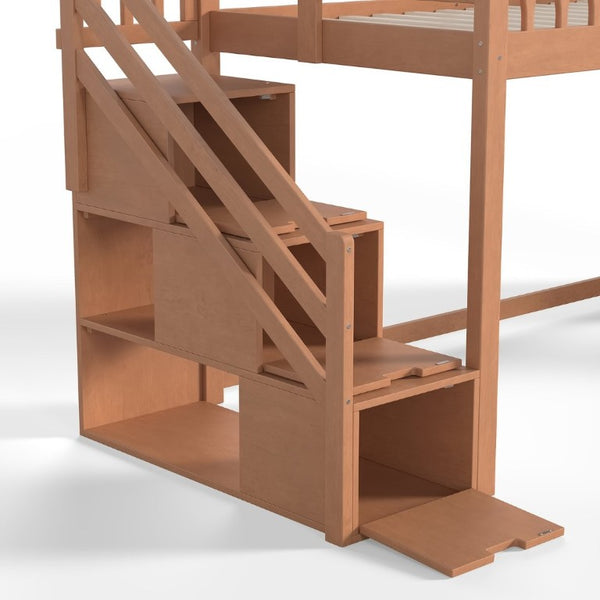 English Elm Twin Loft Bed Pine Frame with Storage Stairs Slide Wardrobe and Slatted Guardrail Walnut W5305S00158
