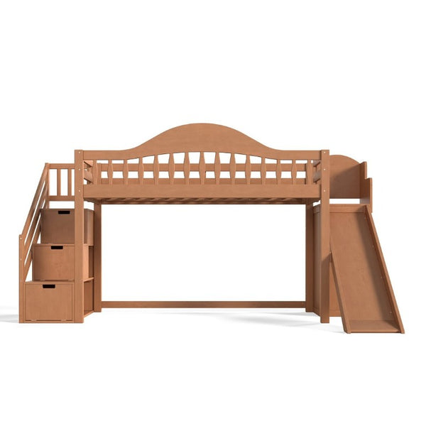 English Elm Twin Loft Bed Pine Frame with Storage Stairs Slide Wardrobe and Slatted Guardrail Walnut W5305S00158