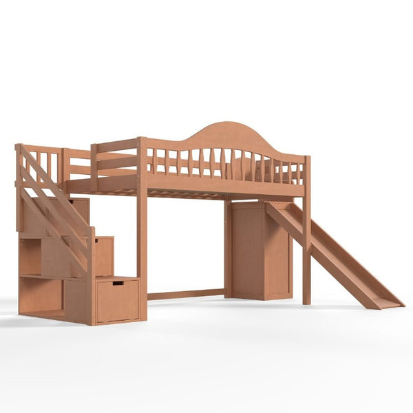English Elm Twin Loft Bed Pine Frame with Storage Stairs Slide Wardrobe and Slatted Guardrail Walnut W5305S00158