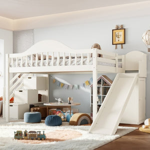 English Elm Full Loft Bed Pine Frame with Slide Storage Stairs and Built-In Wardrobe for Kids Beige W5305S00159