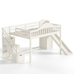 English Elm Full Loft Bed Pine Frame with Slide Storage Stairs and Built-In Wardrobe for Kids Beige W5305S00159