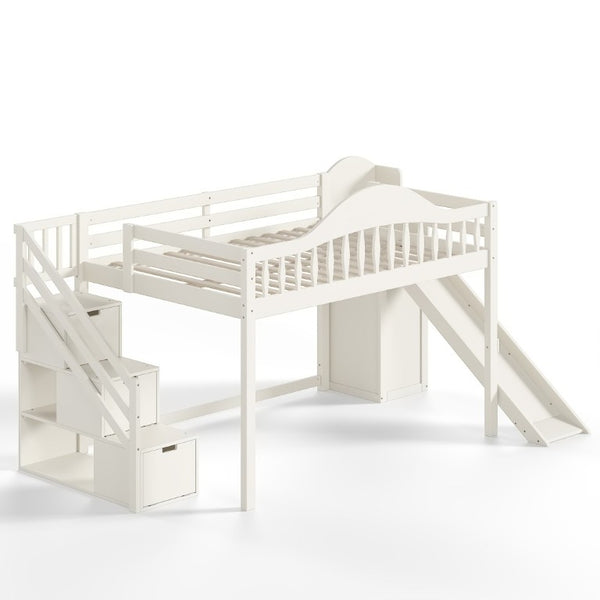 English Elm Full Loft Bed Pine Frame with Slide Storage Stairs and Built-In Wardrobe for Kids Beige W5305S00159