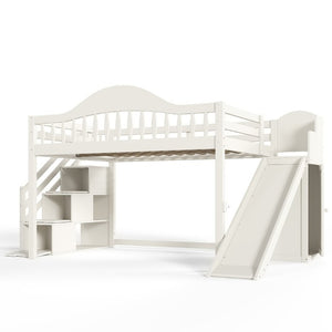 English Elm Full Loft Bed Pine Frame with Slide Storage Stairs and Built-In Wardrobe for Kids Beige W5305S00159