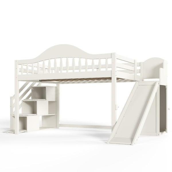 English Elm Full Loft Bed Pine Frame with Slide Storage Stairs and Built-In Wardrobe for Kids Beige W5305S00159