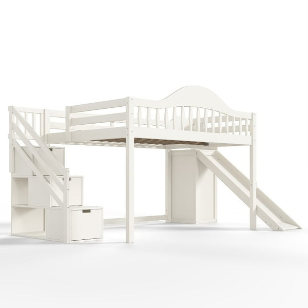 English Elm Full Loft Bed Pine Frame with Slide Storage Stairs and Built-In Wardrobe for Kids Beige W5305S00159