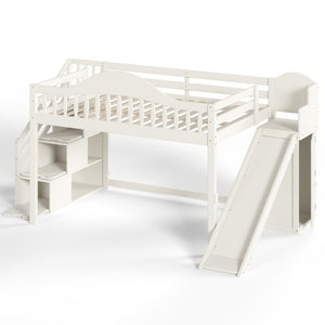 English Elm Full Loft Bed Pine Frame with Slide Storage Stairs and Built-In Wardrobe for Kids Beige W5305S00159