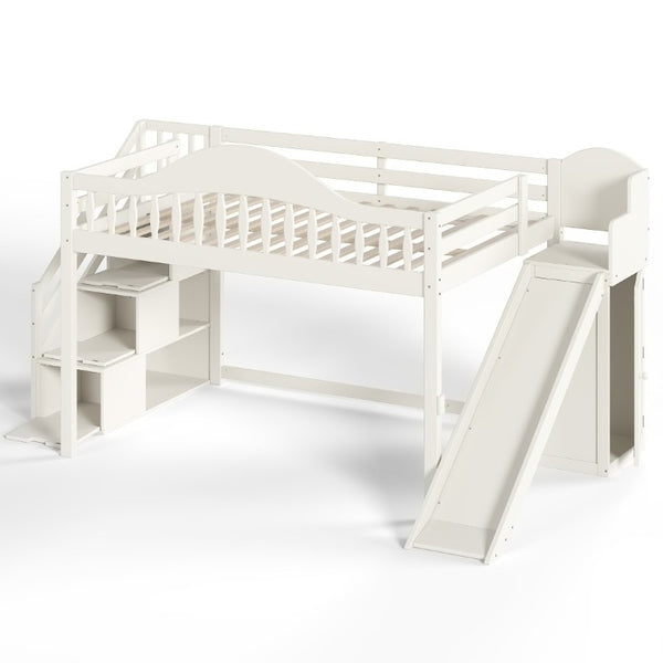 English Elm Full Loft Bed Pine Frame with Slide Storage Stairs and Built-In Wardrobe for Kids Beige W5305S00159