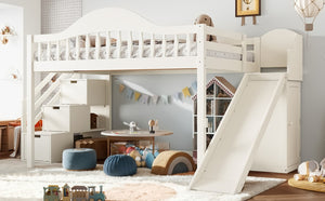 English Elm Full Loft Bed Pine Frame with Slide Storage Stairs and Built-In Wardrobe for Kids Beige W5305S00159