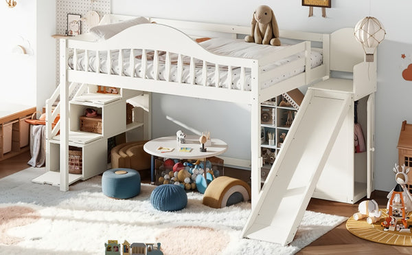 English Elm Full Loft Bed Pine Frame with Slide Storage Stairs and Built-In Wardrobe for Kids Beige W5305S00159
