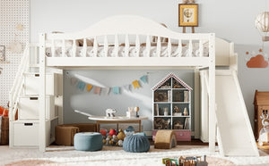 English Elm Full Loft Bed Pine Frame with Slide Storage Stairs and Built-In Wardrobe for Kids Beige W5305S00159