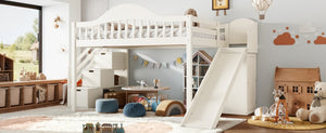 English Elm Full Loft Bed Pine Frame with Slide Storage Stairs and Built-In Wardrobe for Kids Beige W5305S00159