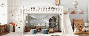 English Elm Full Loft Bed Pine Frame with Slide Storage Stairs and Built-In Wardrobe for Kids Beige W5305S00159