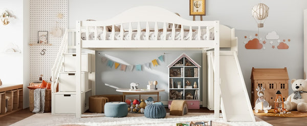 English Elm Full Loft Bed Pine Frame with Slide Storage Stairs and Built-In Wardrobe for Kids Beige W5305S00159