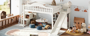 English Elm Full Loft Bed Pine Frame with Slide Storage Stairs and Built-In Wardrobe for Kids Beige W5305S00159