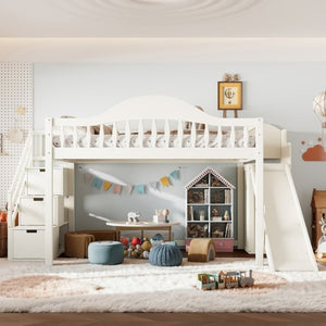 English Elm Full Loft Bed Pine Frame with Slide Storage Stairs and Built-In Wardrobe for Kids Beige W5305S00159