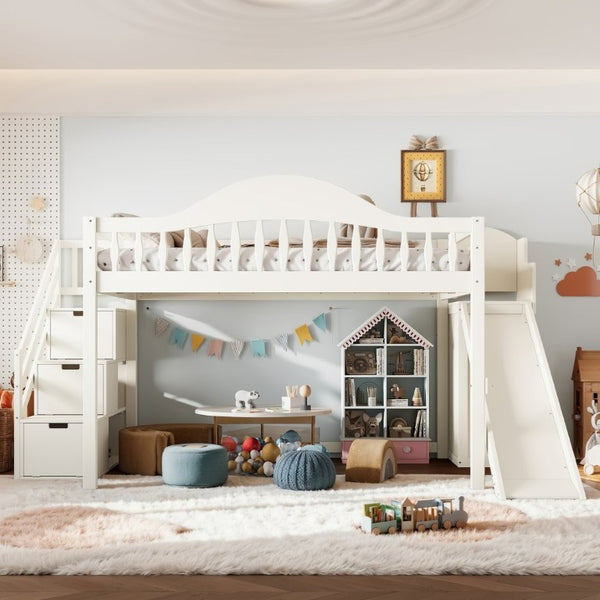 English Elm Full Loft Bed Pine Frame with Slide Storage Stairs and Built-In Wardrobe for Kids Beige W5305S00159
