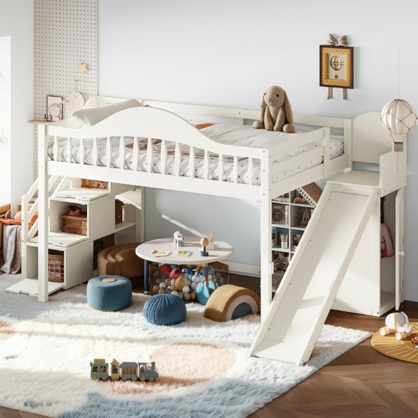 English Elm Full Loft Bed Pine Frame with Slide Storage Stairs and Built-In Wardrobe for Kids Beige W5305S00159
