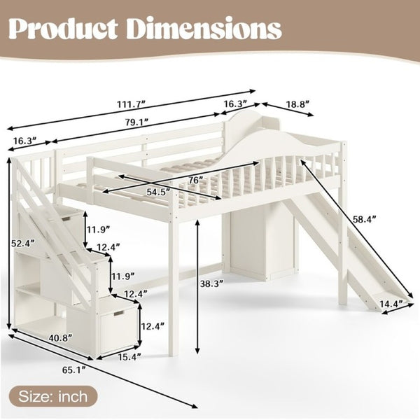 English Elm Full Loft Bed Pine Frame with Slide Storage Stairs and Built-In Wardrobe for Kids Beige W5305S00159