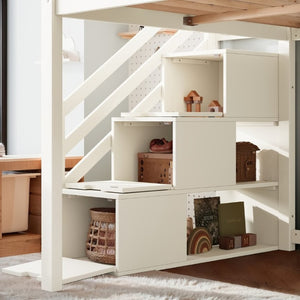 English Elm Full Loft Bed Pine Frame with Slide Storage Stairs and Built-In Wardrobe for Kids Beige W5305S00159