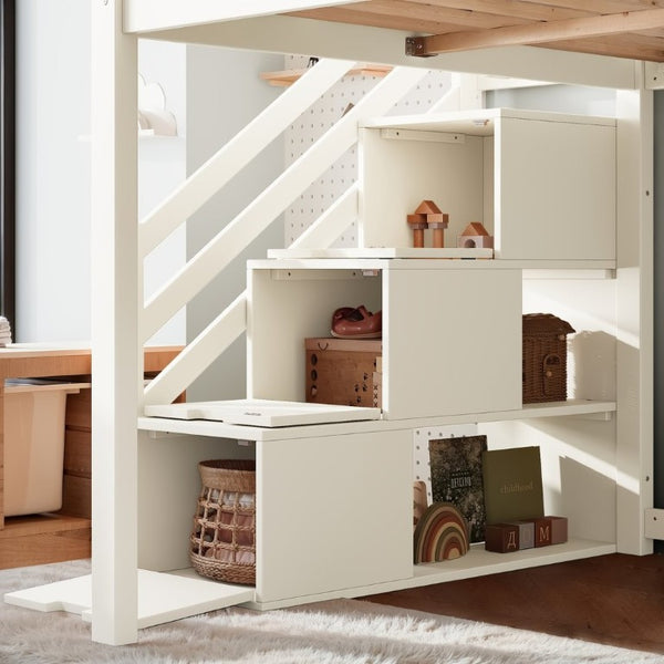 English Elm Full Loft Bed Pine Frame with Slide Storage Stairs and Built-In Wardrobe for Kids Beige W5305S00159