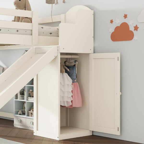 English Elm Full Loft Bed Pine Frame with Slide Storage Stairs and Built-In Wardrobe for Kids Beige W5305S00159