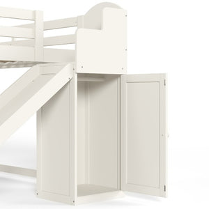 English Elm Full Loft Bed Pine Frame with Slide Storage Stairs and Built-In Wardrobe for Kids Beige W5305S00159