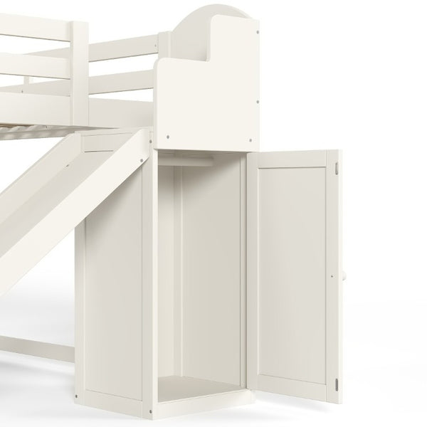 English Elm Full Loft Bed Pine Frame with Slide Storage Stairs and Built-In Wardrobe for Kids Beige W5305S00159