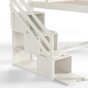 English Elm Full Loft Bed Pine Frame with Slide Storage Stairs and Built-In Wardrobe for Kids Beige W5305S00159
