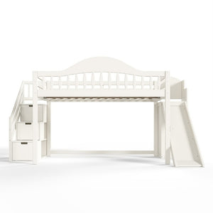 English Elm Full Loft Bed Pine Frame with Slide Storage Stairs and Built-In Wardrobe for Kids Beige W5305S00159
