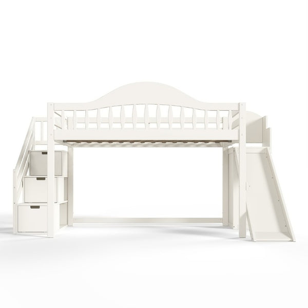 English Elm Full Loft Bed Pine Frame with Slide Storage Stairs and Built-In Wardrobe for Kids Beige W5305S00159