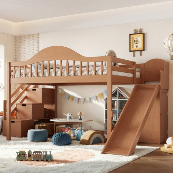 English Elm Full Loft Bed Pine Frame with Slide Storage Stairs and Built-In Wardrobe for Kids Walnut W5305S00160