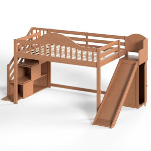 English Elm Full Loft Bed Pine Frame with Slide Storage Stairs and Built-In Wardrobe for Kids Walnut W5305S00160