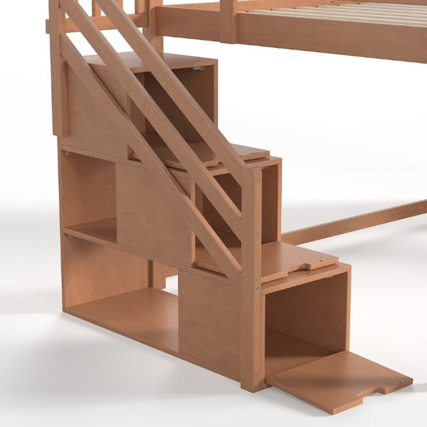 English Elm Full Loft Bed Pine Frame with Slide Storage Stairs and Built-In Wardrobe for Kids Walnut W5305S00160