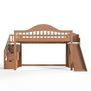 English Elm Full Loft Bed Pine Frame with Slide Storage Stairs and Built-In Wardrobe for Kids Walnut W5305S00160