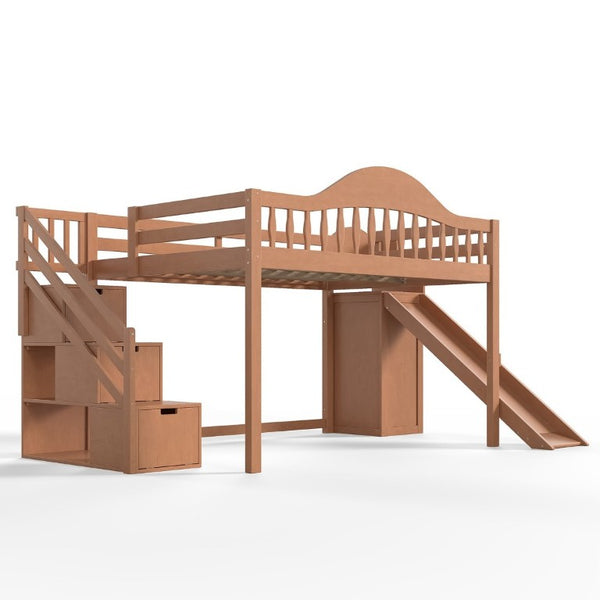 English Elm Full Loft Bed Pine Frame with Slide Storage Stairs and Built-In Wardrobe for Kids Walnut W5305S00160