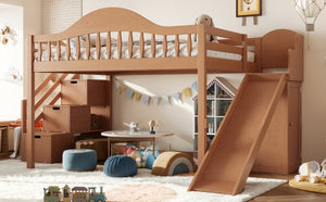 English Elm Full Loft Bed Pine Frame with Slide Storage Stairs and Built-In Wardrobe for Kids Walnut W5305S00160