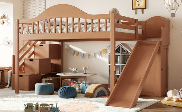 English Elm Full Loft Bed Pine Frame with Slide Storage Stairs and Built-In Wardrobe for Kids Walnut W5305S00160