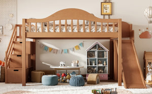 English Elm Full Loft Bed Pine Frame with Slide Storage Stairs and Built-In Wardrobe for Kids Walnut W5305S00160