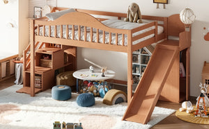 English Elm Full Loft Bed Pine Frame with Slide Storage Stairs and Built-In Wardrobe for Kids Walnut W5305S00160