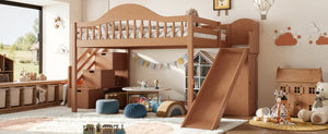 English Elm Full Loft Bed Pine Frame with Slide Storage Stairs and Built-In Wardrobe for Kids Walnut W5305S00160