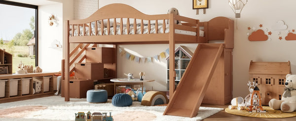 English Elm Full Loft Bed Pine Frame with Slide Storage Stairs and Built-In Wardrobe for Kids Walnut W5305S00160