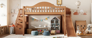 English Elm Full Loft Bed Pine Frame with Slide Storage Stairs and Built-In Wardrobe for Kids Walnut W5305S00160