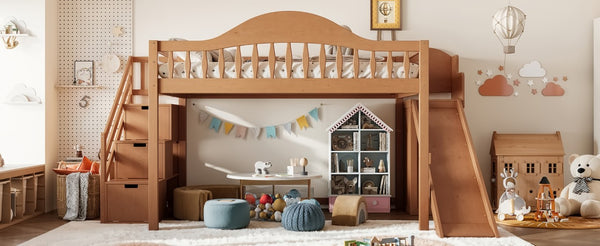 English Elm Full Loft Bed Pine Frame with Slide Storage Stairs and Built-In Wardrobe for Kids Walnut W5305S00160